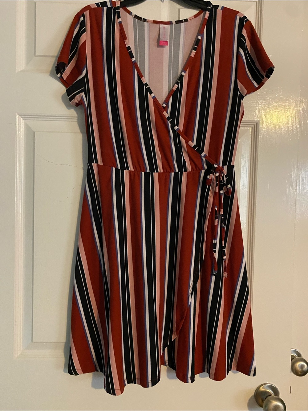 No Boundaries Rust & Black Striped Wrap Mini Dress